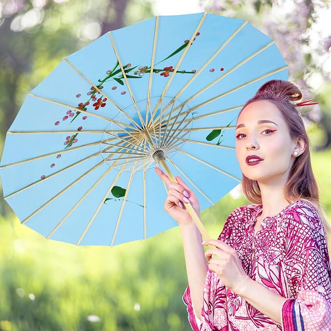 33" Blue Flower Silk Cloth Decoration Handmade Parasol Umbrella Chinese Japanese Asian DIY Art Dance Classical Umbrella for Wedding Parties Photography Costumes Cosplay (Blue)