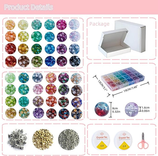 1300PCS 8mm Mixed Crackle Glass Beads for Bracelets Making with Accessories, 48 Colors Crystal Glass Beads Jewelry Making Kit, Round Beads for DIY Bracelet Crafts