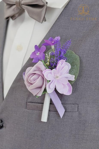 TINGE TIME Lavender Boutonniere for Men Wedding, Set of 2, Groom Groomsmen Boutineers Decor for Ceremony Anniversary, Formal Dinner Homecoming and Rustic Vintage Wedding