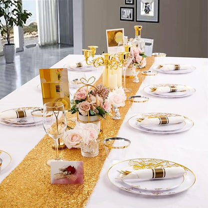DaYammi 210Pcs White Gold Plastic Plates for Party,Gold Disposable Dinnerware Set Includes 60 gold floral plates,30 plastic Silverware,30 Per Rolled Napkins,30 Plastic Cups for Christmas Party Wedding