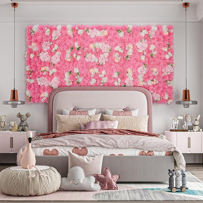 Flower Wall Backdrop 12pcs 16.5x16.5 Inch Artificial Floral Wall Panel 3D Silk Rose Wall Decor Ideal for Wedding Celebrations, Festive Party Backdrops, and Home Decor-Rose Pink
