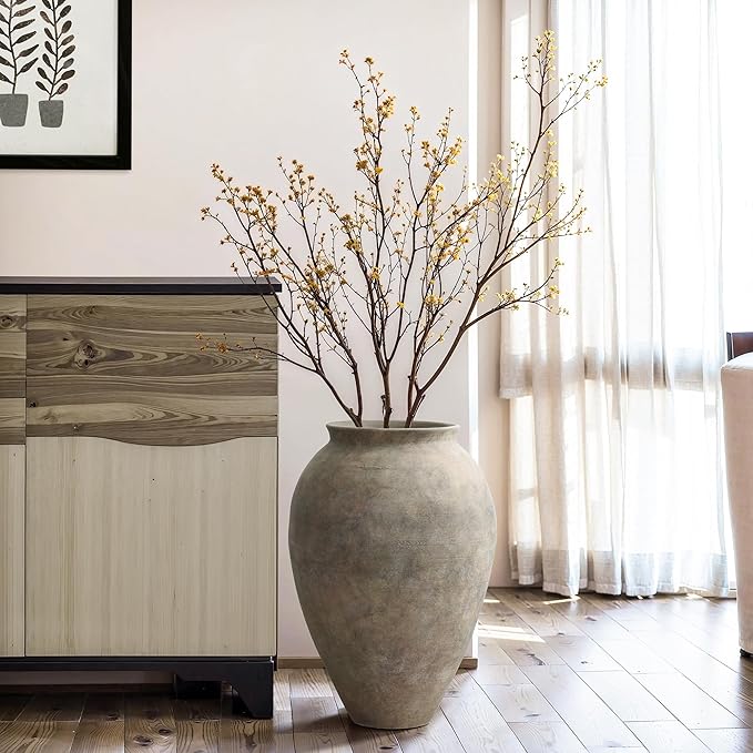 LuxenHome Rustic Ceramic Floor Vase, 17.7" Tall Terracotta Pot with Earthy Gray-Brown Finish, Vintage Pottery Large Vases for Decor Living Room, Farmhouse Flower Vase for Entry Way Table Home Decor