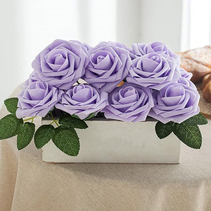 Artificial Flower Foam Rose 25pcs Real Looking Fake Rose with Stems Leaves for Home Decoration Party Garden Centerpieces DIY Wedding Bouquets（Violet）