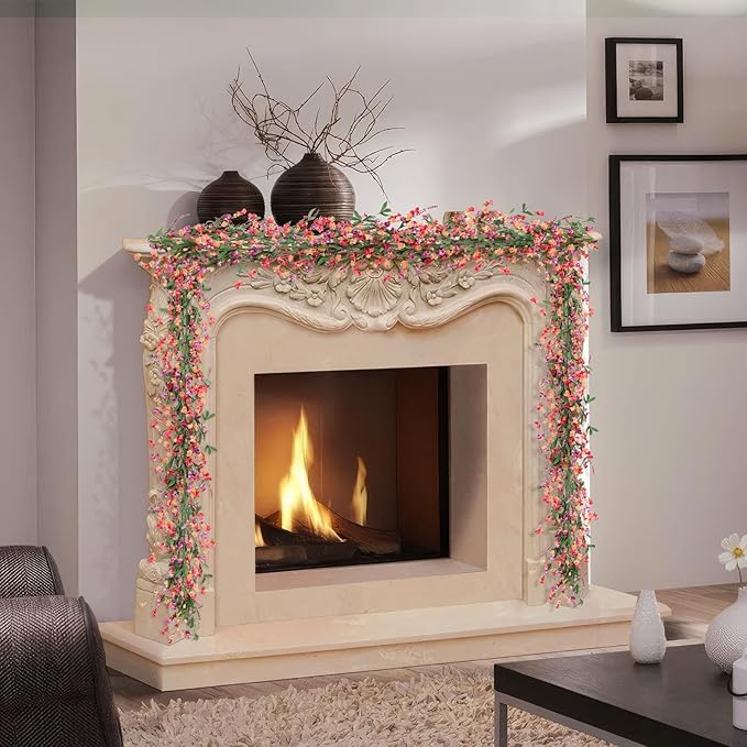 Artgar Flower Garland 6Ft Spring/Summer Garland Floral Garlands for Mantle All Year Round Paper Garlands Decor for Indoor Outdoor Home Wedding Arch Porch Staircase Year Round Decor (Red&Orange&Purple)