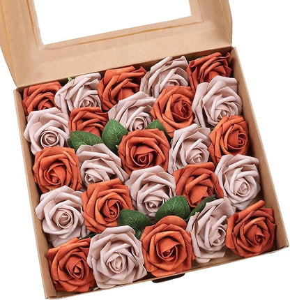 Meldel Artificial Flowers 25pcs Real Looking Burnt Orange Warm Taupe Foam Fake Roses with Stems for DIY Wedding Bouquets Bridal Shower Centerpieces Floral Arrangements Home Decorations Bulk Crafts