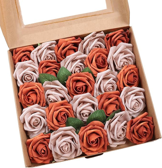 Meldel Artificial Flowers 25pcs Real Looking Burnt Orange Warm Taupe Foam Fake Roses with Stems for DIY Wedding Bouquets Bridal Shower Centerpieces Floral Arrangements Home Decorations Bulk Crafts