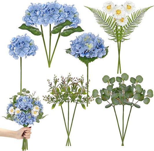 Hydrangea artificial Flowers 12PCS Blue Fake Flowers Long Stems Faux Hydrangea Daisies Silk Arrangements Realistic Faux Flowers for Vase Floral Centerpiece Wedding Bridal Bouquet Party Home Decor