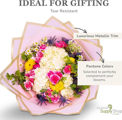 the florist Supply 20 Sheets Premium Flower Wrapping Paper | Waterproof Flower Wrapping Paper for Bouquets | Double Sided Floral Bouquet Sheets | DIY Gifts Borderline Pink/Gold