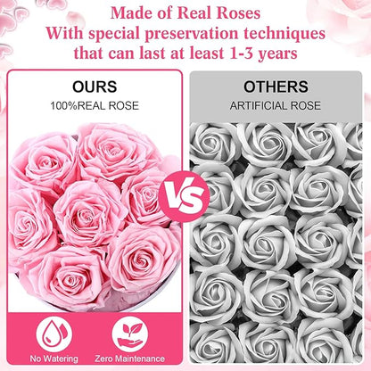 Pink Preserved Roses in Box 7 Preserved Forever Flower in a Round Box Last 1-3 Years with Heart Balloon Christmas Surprise Gift for Women Loved One Mom Valentines Anniversaries Need Assembly