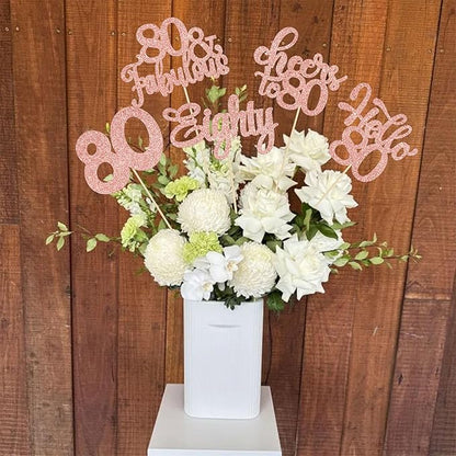 Gyufise 15Pcs 80th Birthday Centerpiece Sticks Eighty Happy 80th Table Flower Centerpieces Sticks Cheers to 80 Floral Decorations for 80th Birthday Party Centerpieces Supplies Rose Gold