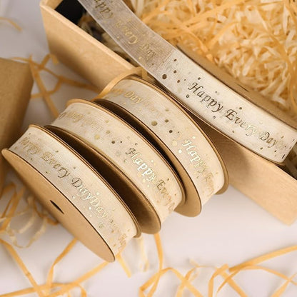 ‌SAYUAN Gold Ribbon 5/8 Inch x 30 Yards Organza Ribbon with Gold HappyEveryDay Pattern for Valentine's Day Birthday Christmas Gift Wrapping Handmade Crafts Floral Bouquet Wedding Party Decoration