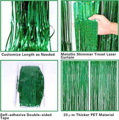 2 Pack 3.2ft x 8.2ft Green Foil Fringe Curtain, Metallic Tinsel Foil Fringe Rain Curtain Streamers Photo Backdrop for St Patricks Day Decorations Birthday Christmas Jungle Safari Tropical Party Decor