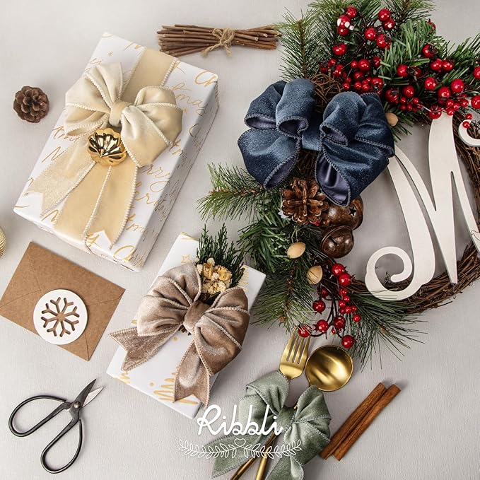 Ribbli Dusty Green Velvet Wired Ribbon 1.5 Inch Sage Velvet with Satin Christmas Ribbon for Gift Wrapping Christmas Tree Decoration Crafts Wreaths Supplies-Continuous 10 Yards