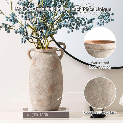 Ceramic Flower Vase 12 inch Farmhouse Rustic Vase Decorative Pottery Terracotta Tall Vases for Home Decor Table Mantle Fireplace Living Room Bathroom Wedding Centerpiece (Large-Terracota)
