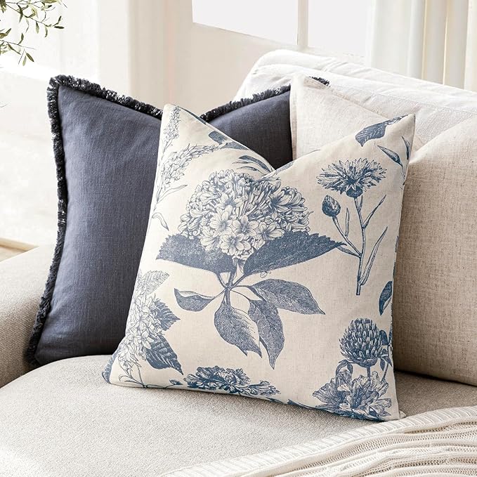 Foindtower Set of 2 Linen Floral Vintage Throw Pillow Covers Neutral Accent Print Decorative Cushion Covers Farmhouse Boho Home Decor for Sofa Chair Couch Bedroom Living Room,18×18 Inch,Blue