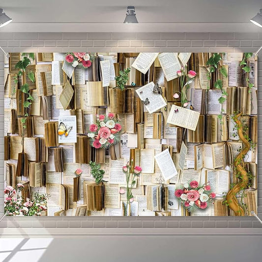 6x4ft Books Background for Photography Books Pages Pink Flowers Wedding Party Backdrop for Book Lovers Photography Studio Props KUHBDJ166