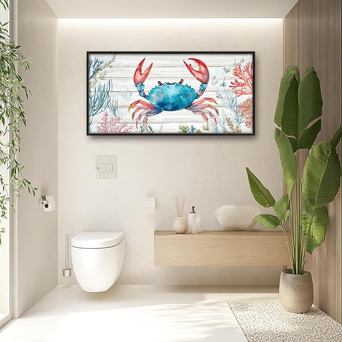 Crab with Coral Large Decor Framed Wall Art Ocean Pictures for Living Room, Nautical Oversized Canvas Print Painting Modern Extra Large Framed Artwork for Bedroom Office Home Decor 60"x30"