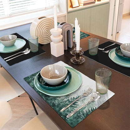Forest Placemats, Vintage Rustic Watercolour Natural Green Misty Valley Forest Print Washable Fabric Placemats Table Kitchen Dining Party 12x18 Inch Set of 6