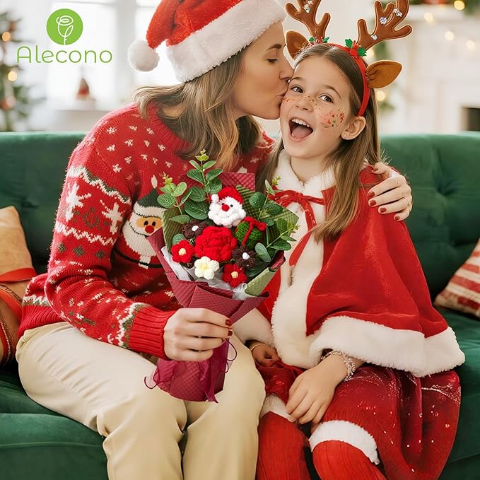 Alecono Crochet Flower Bouquet, Christmas Knitted Flowers, Red Handmade Father Christmas Santa Claus Bouquet of Flowers for Kids Festival Gifts (Include Card)