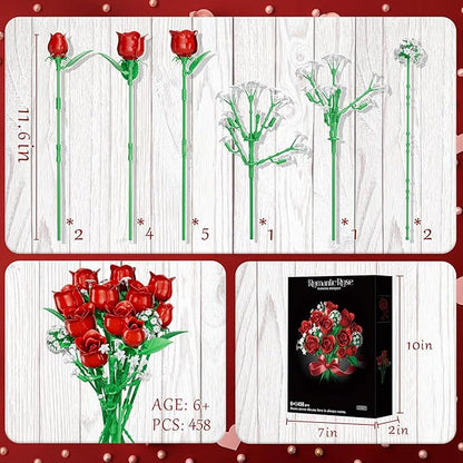 Flowers Bouquet Building Sets for Adults, for Her and Him Mother's Day Valentines Birthdays Gift, Botanical Collection DIY Rose Toy Kit, Home Office Decor