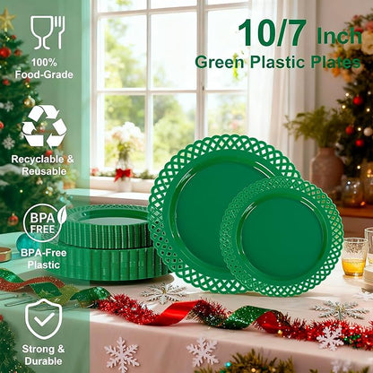 COLOSUS 60Pcs Green Christmas Plastic Plates, Fancy Green Scallop Plates, Heavy Duty Lace Hollowed Out Plate include 30 Dinner plate 10” and 30 Salad/Dessert plate 7.5”for Christmas