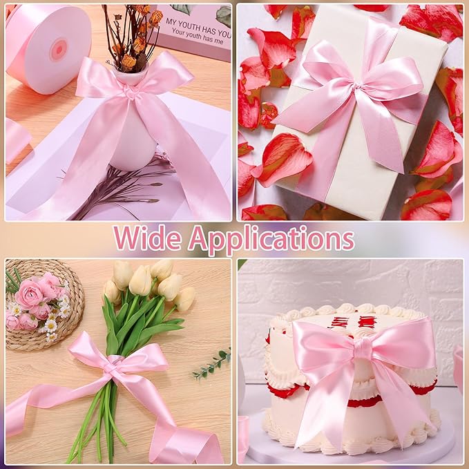 Pink Ribbon 1 1/2 Inch 60 Yards Light Pink Satin Ribbon for Flower Bouquet Handmade Bows Roses Garland Leis Christmas Garden Decor Bridal Baby Shower Wedding