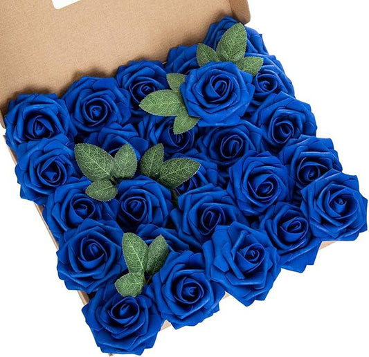25pcs Artificial Flower Foam Rose Real Touch Roses Flower Heads with Stem for DIY Wedding Bouquets Centerpieces Arrangements Party Baby Shower Home Decor (Royal Blue)