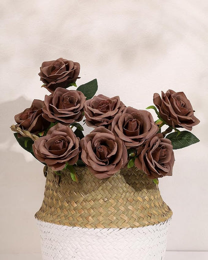 DuHouse 10pcs Fake Roses Artificial Silk Flowers Long Stems Bouquet for Arrangement Wedding Centerpiece Party Home Kitchen Decor(Mocha Brown)