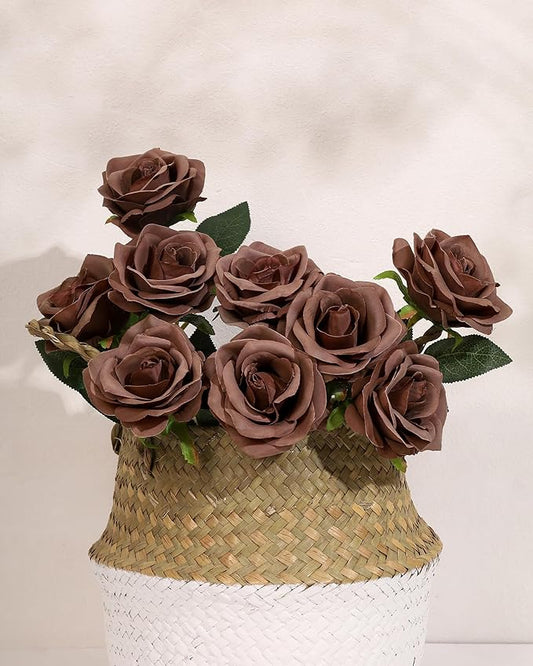 DuHouse 10pcs Fake Roses Artificial Silk Flowers Long Stems Bouquet for Arrangement Wedding Centerpiece Party Home Kitchen Decor(Mocha Brown)