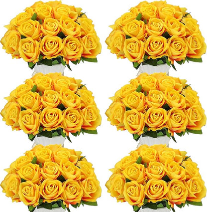 Jexine 50 Pcs Artificial Rose Flower Bulk Realistic Silk Fake Roses with Long Stem Plastic Artificial Flower Bouquet Real Looking for Home Wedding Centerpieces Party Decoration(Yellow)