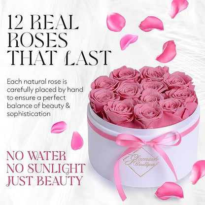 GLAMOUR BOUTIQUE Flower Forever Gift Box 12 Real Preserved Roses in Round Velvet White Box, Handmade, Rose Petals, Birthday, Marriage, Anniversary, Graduation - Pink