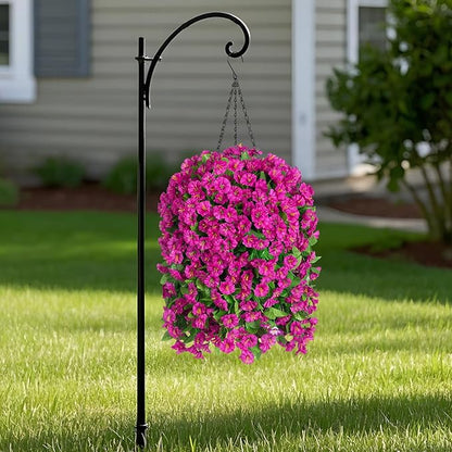 Artificial Faux Hanging Flowers Basket for Spring Summer Outdoor Porch Decoration, Fake Silk Colorful Morning Glory Eucalyptus in Planter UV Resistant for Home Balcony Yard(Red Purple)