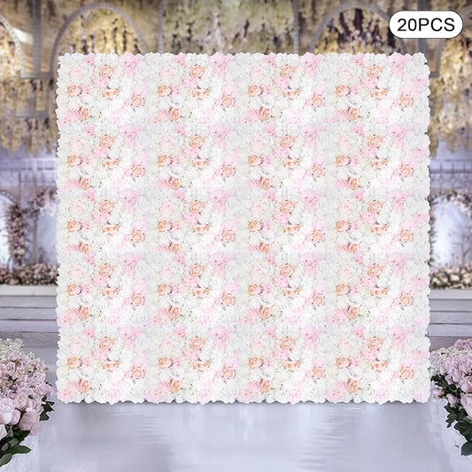 20 Pack Flowers Wall Panels Artificial Floral Wall Mat Handmade 3D Silk Rose Hydrangea Dahlia Floral Panels for Photo Background Home Party Wedding Backdrop Decoration, 24 x 16 inch (A)