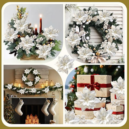 50pcs Glitter Poinsettia Christmas Ornaments, Artificial Flowers with Clips Stems for DIY Wreath Making, Holiday Home Party Decorations, Indoor Use (White)