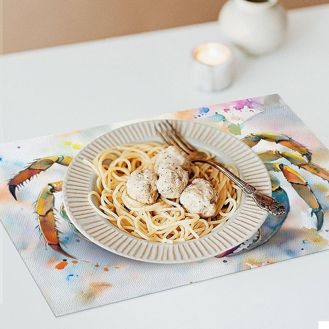 Sea Beach Theme PlaceMats Set of 4 Ocean Crab Pictures Print Washable Placemats Marine Life Animal Table Mats Teal Blue Scratch Proof Table Mats for Kitchen Decor Dinner 4 PCS