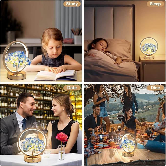 Birthday Gifts for Women Mom,Hydrangeas Flower Touch Lamp,Rechargeable Cordless 3 Way Dimmable Small Night Light for Bedroom,Living Room,Office Home Decor Thank You Gifts for Festival-Blue