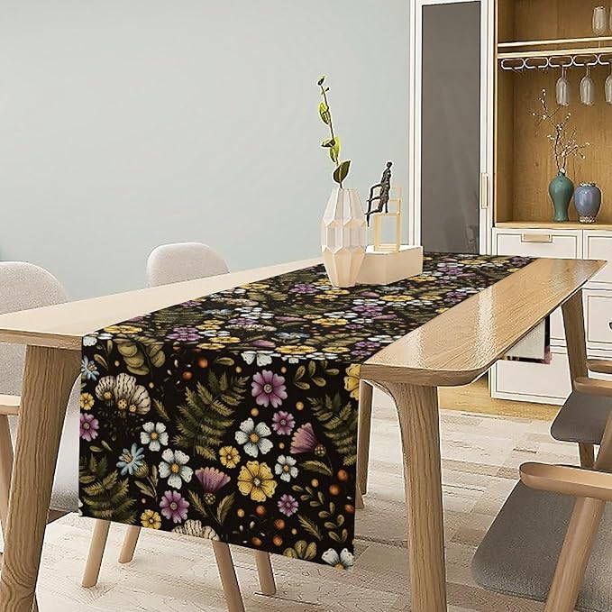 Vintage Flower Table Runner, Rustic Farmhouse Colourful Botanical Flowers Fern Print Kitchen Dining Table Decor Seasonal Home Decoration Indoor Outdoor Party, 13x90inch