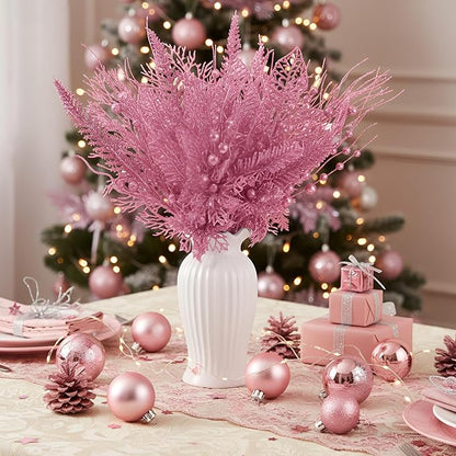 30 Pcs Artificial Christmas Tree Picks and Sprays Glitter Berry Stem Branches Holly Floral Picks Twigs Christmas Tree Ornaments for DIY Xmas Wreath Vase Filler Decorations(Pink)