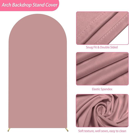 Putros 6.6ft Metal Arch Stand with Cover Light Dusty Rose Spandex Fitted Wedding Arch Cover and Round Top Chiara Backdrop Stand Set for Birthday Party Baby Shower Decoration