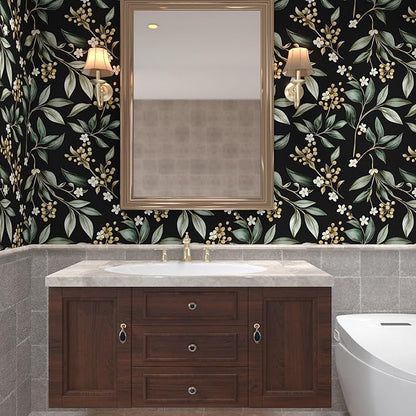 Dark Peel and Stick Wallpaper Vintage – Dark Green Leaf Removable Self-Adhesive Vinyl for Bathroom Bedroom Kitchen Drawer Cabinet, Black Green Gold Floral Wall Decor Retro Style 17.5" x 118"