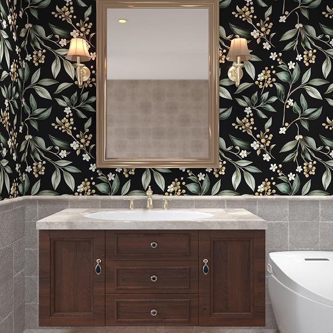 Extra Long Dark Peel and Stick Wallpaper 17.5" x 393" – Vintage Floral Green Leaf Botanical Self-Adhesive Vinyl Contact Paper for Bathroom Bedroom Kitchen Cabinet Drawer Walls PVC DIY Decor