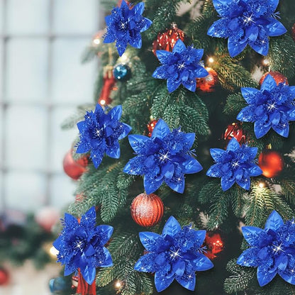 Geosar 36 Pcs Christmas Glitter Artificial Poinsettia Flowers Xmas Poinsettia Artificial Wedding Flowers Decorations Xmas Tree Ornaments with Clips for Party, 6 Inch, 4 Inch, 3 Inch(Royal Blue)