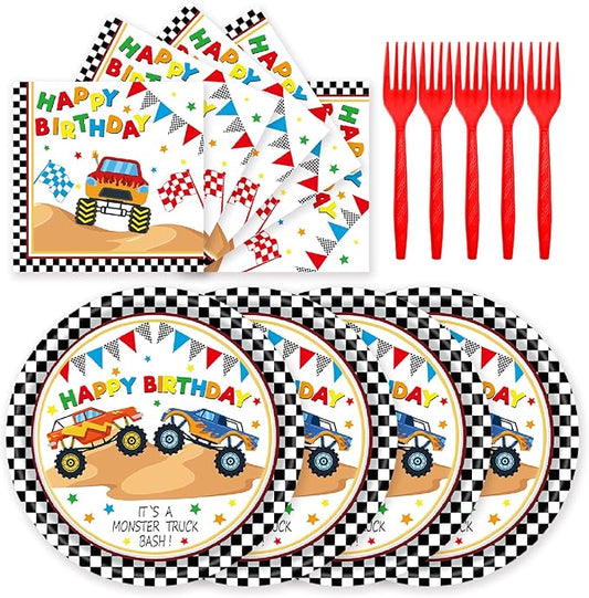 72Pcs Racing Car Party Plates and Napkins Monster Truck Birthday Party Supplies Disposable Checkered Race Tableware Set for Boys Birthday Wheel Sports Baby Shower Decorations Serves 24