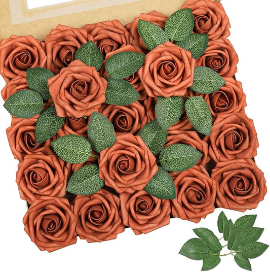 AmyHomie Artificial Flowers Burnt Orange Rose 25pcs Real Looking Fake Roses w/Stem for DIY Wedding Bouquets Centerpieces Arrangements Party Baby Shower Valentines Day Christmas Tree Decorations