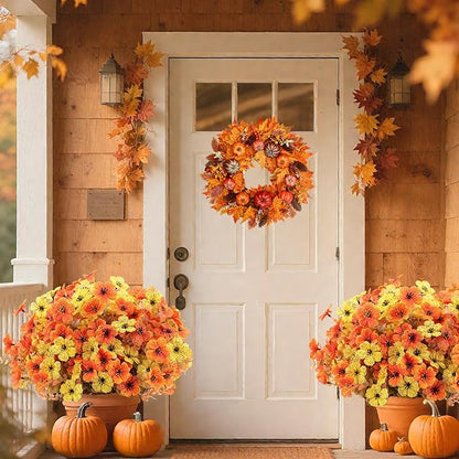 12 Bundles Artificial Fake Mums Flowers for Outdoor Faux Silk Orange Yellow Daisy Realistic UV Resistant No Fade Fake Plants Flowers for Planter Porch Patio Indoor Thanksgiving Decor
