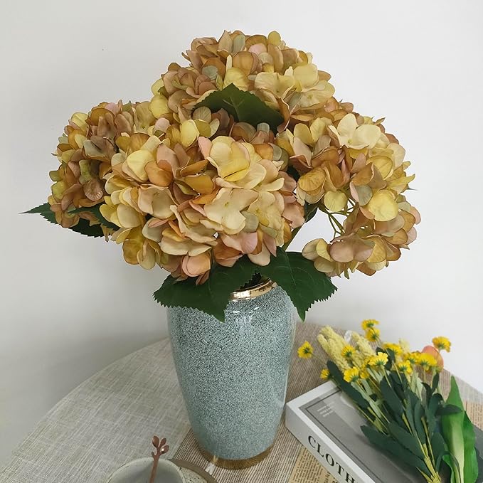 Yellow Hydrangea Artificial Flowers,10 Pcs Yellow Faux Hydrangea Flowers,Artificial Hydrangeas Flowers with Stems,Fake Hydrangeas,Silk Hydrangeas Flowers with Stems for Home Decor