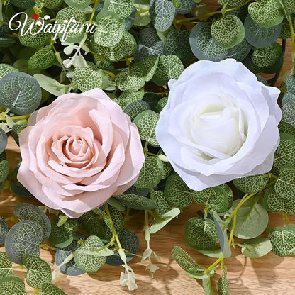 Waipfaru Artificial Flower Garland, 6.07ft Eucalyptus Garland with Flowers for Wedding Reception Table Mantle Room Decor (Rose Pink)