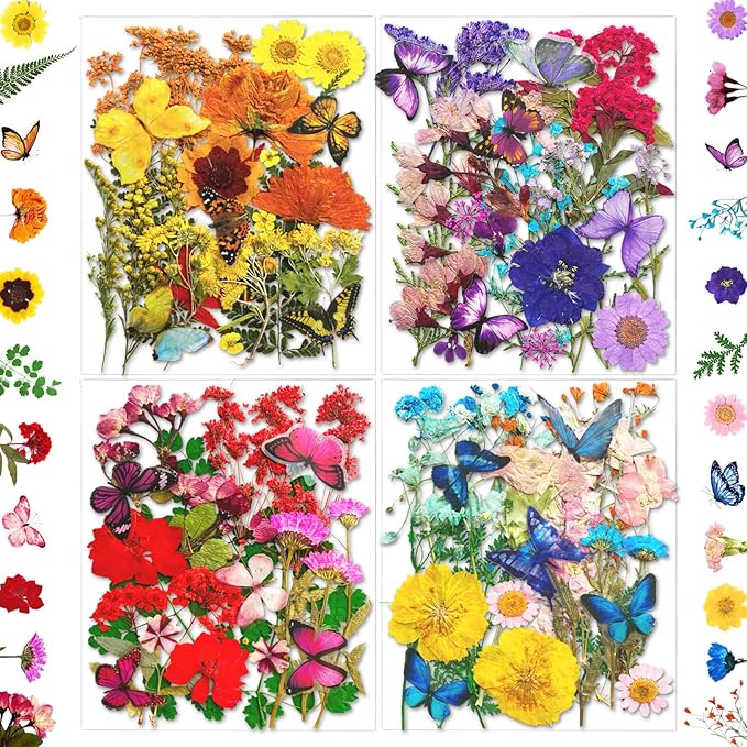 103Pcs Dried Pressed Flowers with Butterfly Stickers for Resin Molds, Real Natural Bulk Dry Floral Leave for DIY Art Crafts, Epoxy Jewelry, Candle, Soap Making, Nails Decors