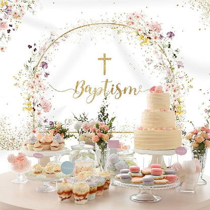 Baptism Backdrop God Bless Floral Golden Dots First Holy Communion Christening Photography Background Baptism Party Decoration Supplies Baby Shower Banner Photo Booth Studio Props 7x5ft