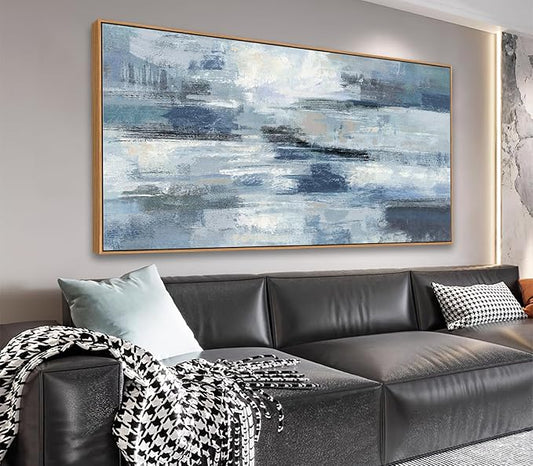 Abstract Framed Canvas Wall Art Vintage Blue White Grey Pictures Ocean Wall Decor Modern Artwork Painting Prints for Living Room Bedroom Bathroom Office Home Decoration Ready to Hang 24" X 48"